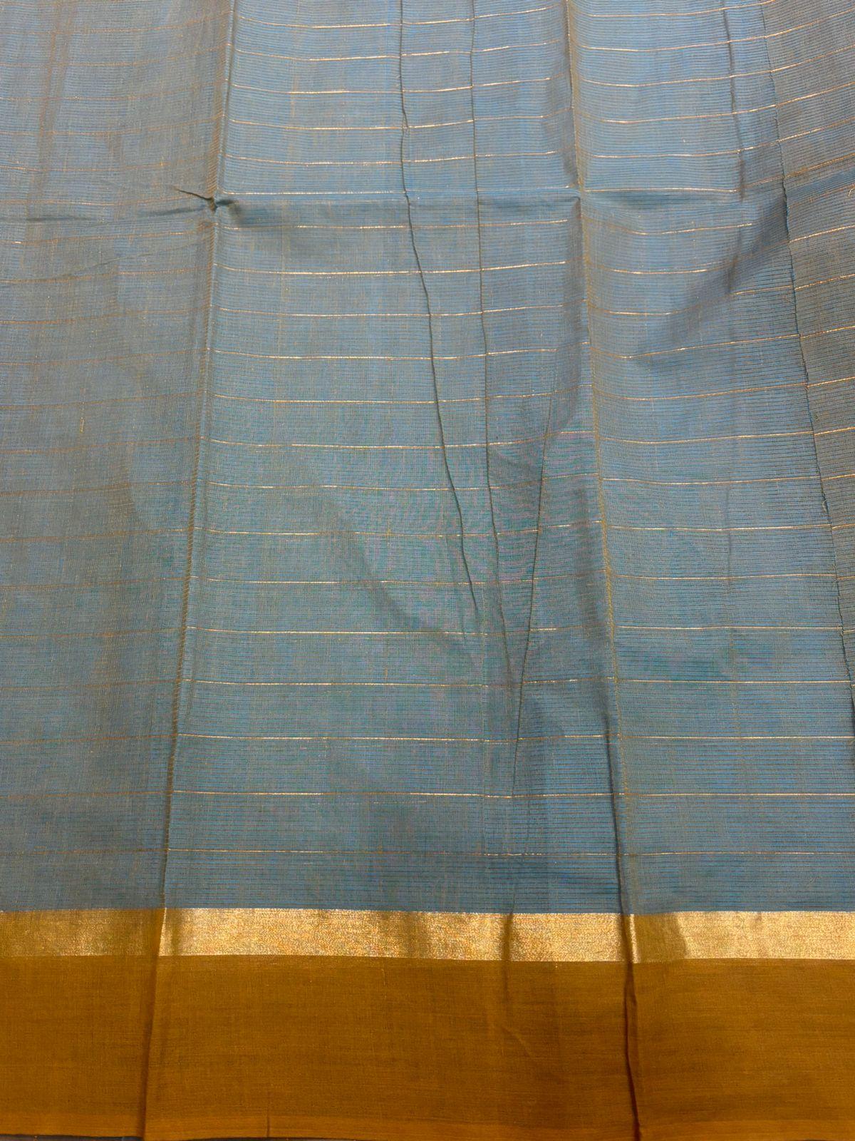 MANGALAGIRI COTTONS BODY ANANDA BLUE CHECKS DESIGNER BORDER ZARI PALLU AND BLOUSE RUNNING - pochampallysarees.com