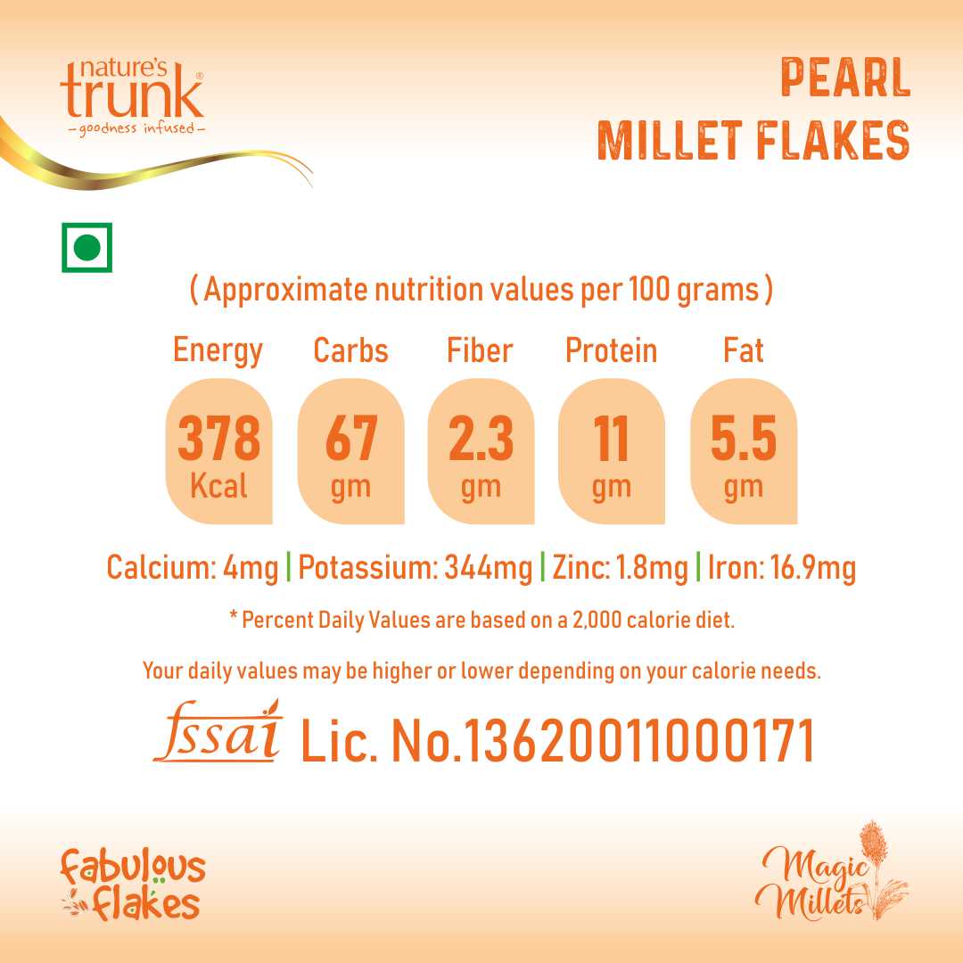 Pearl Millet Flakes 400g nutritional label showing calories, fiber and protein info ā buy pearl millet flakes online