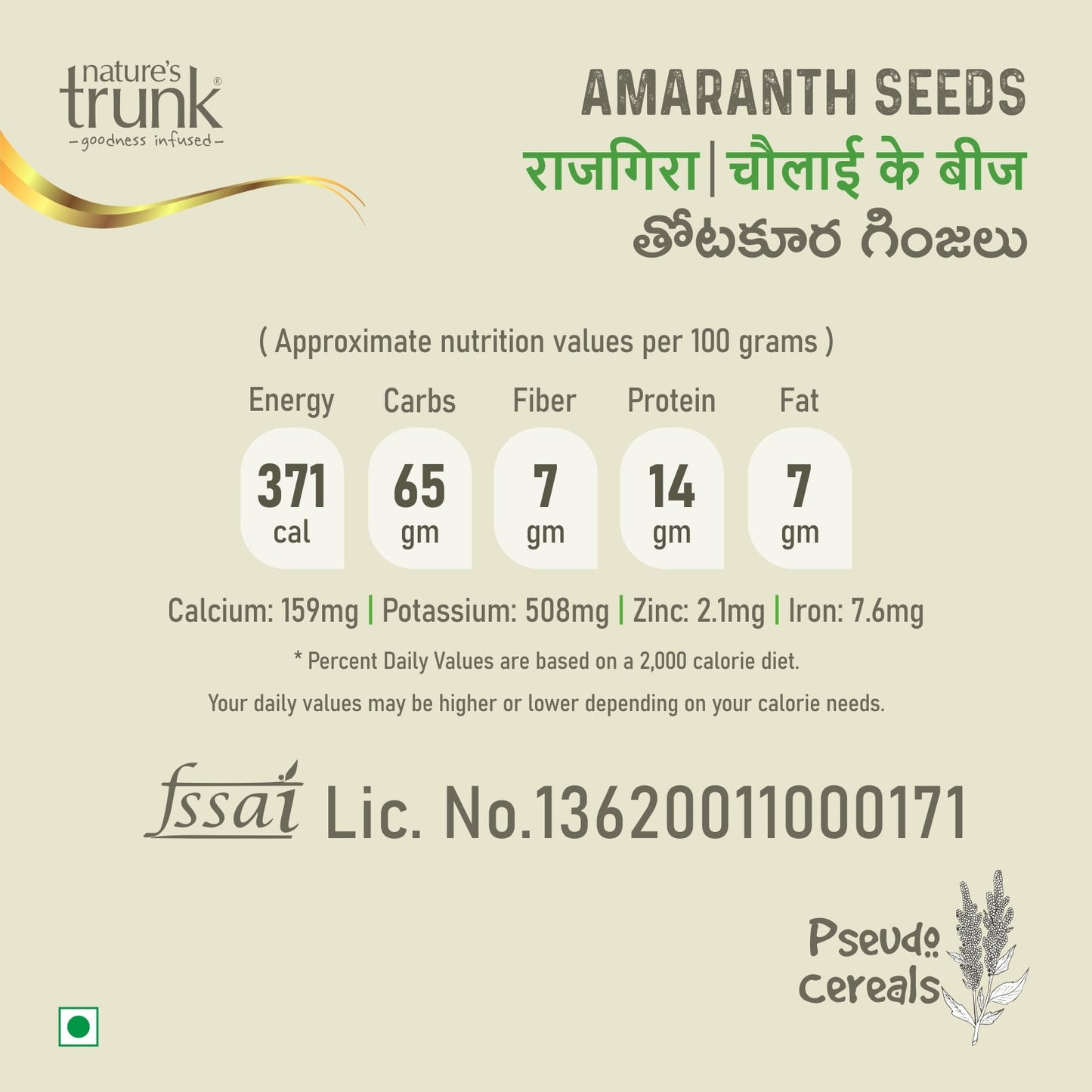 Amaranth seeds nutrition infographic showing calories, protein and fiber with Nature’s Trunk label, buy totakura ginjalu