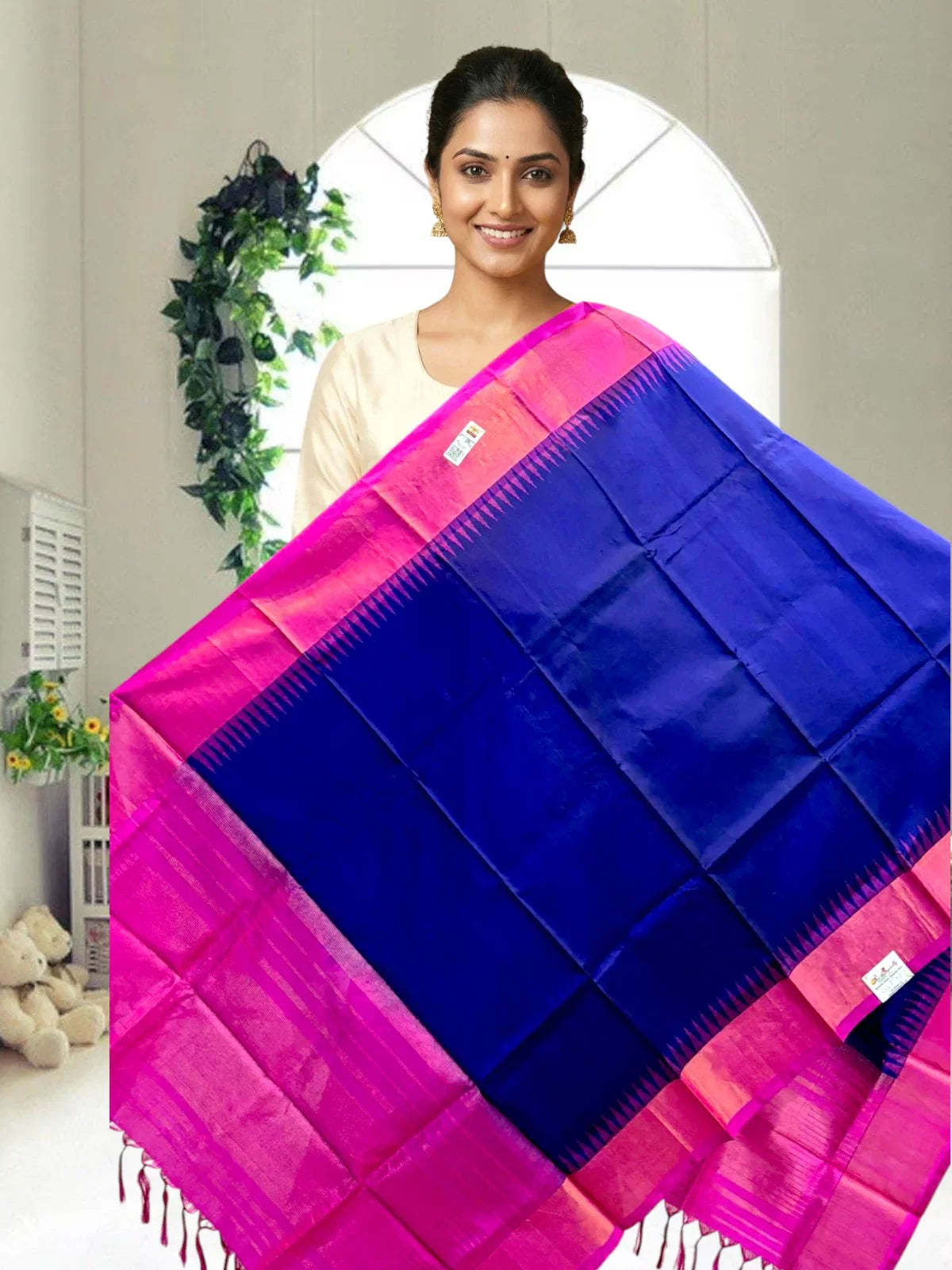 Hand-Woven Royal Blue & Pink Gadwal Silk Dupatta | Pure Kuttu Silk Mark Certified - pochampallysarees.com