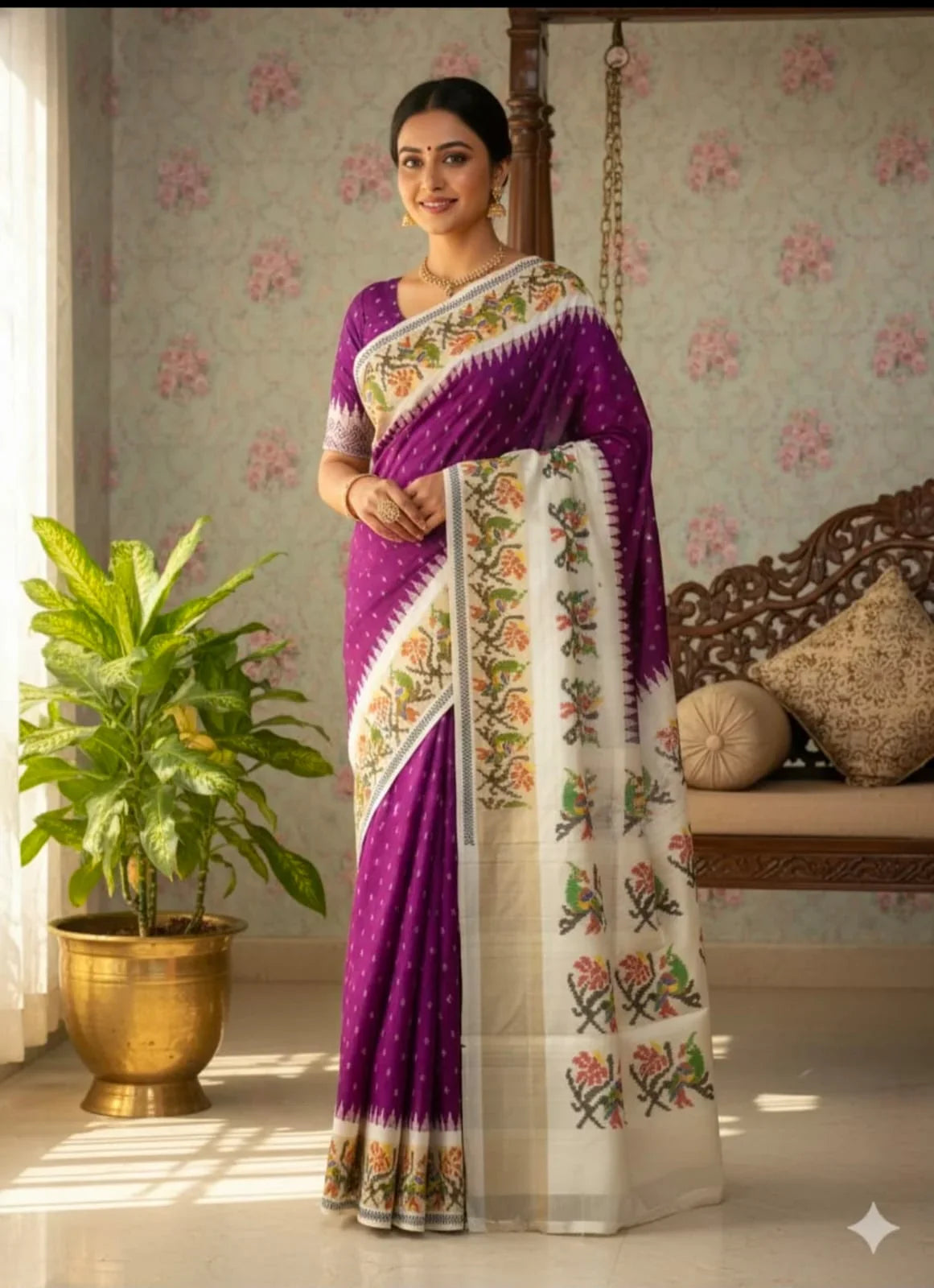 Radiant Purple & Cream Ikkat Silk Saree with Floral Temple Border & Parrot Motifs - pochampallysarees.com