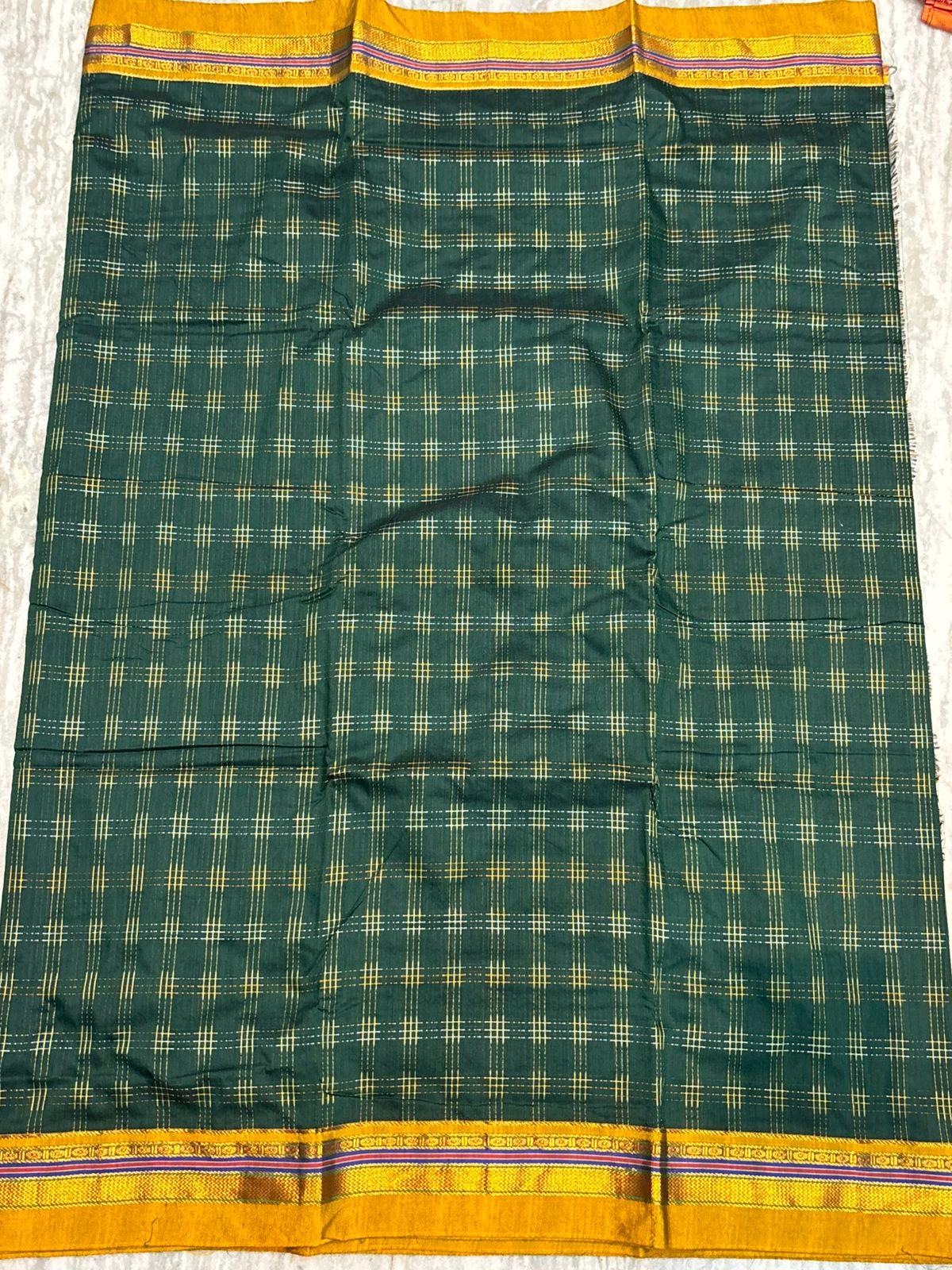 Pure Kuppadam Silk Cotton Saree in Bottle Green with Zari Checks & Contrast Striped Pallu - pochampallysarees.com