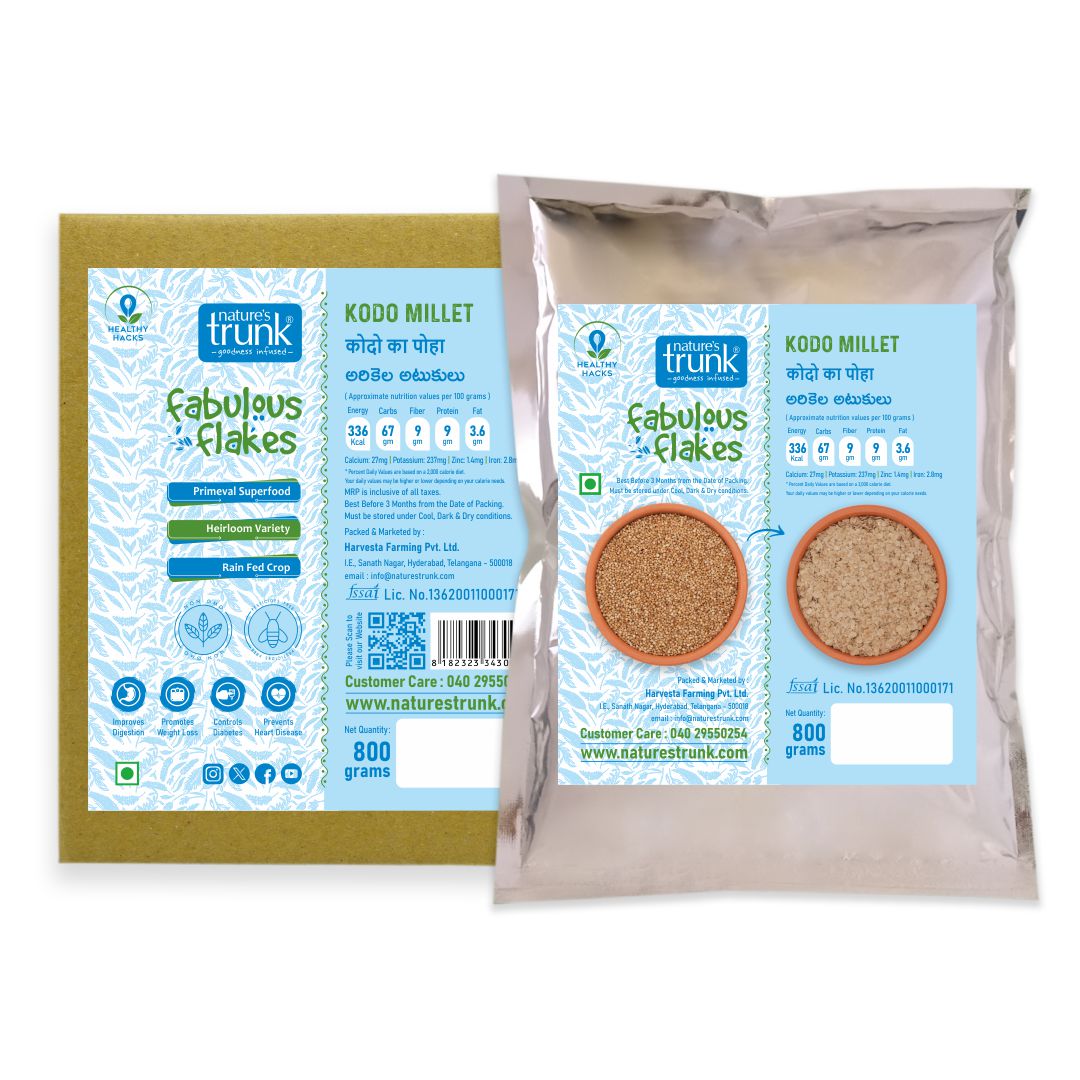 Natureās Trunk Kodo Millet Flakes pack showing healthy breakfast option ā kodo millet flakes online, shop kodo millet flakes