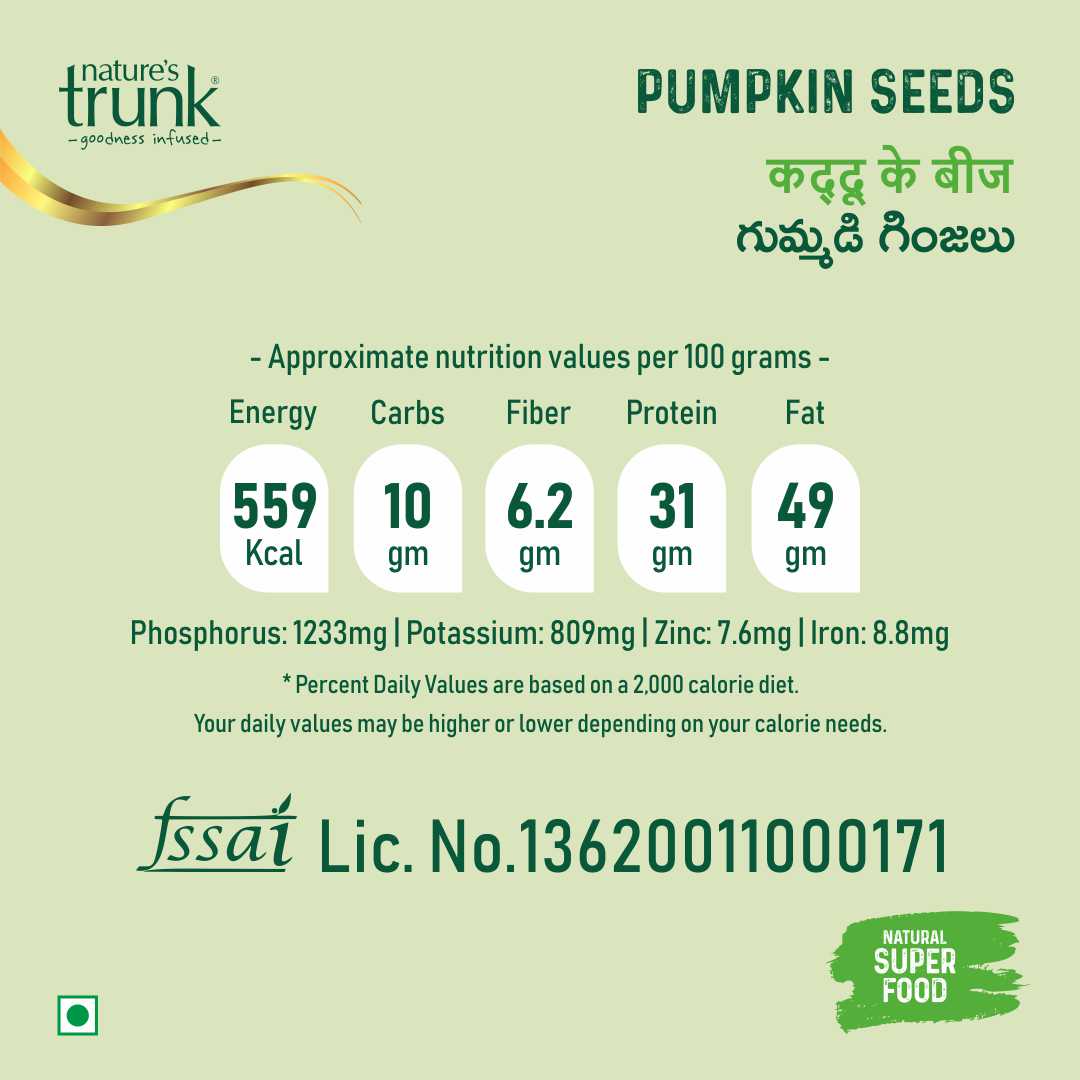 Natureās Trunk pumpkin seeds nutrition label showing energy, protein and minerals, healthy organic seeds online