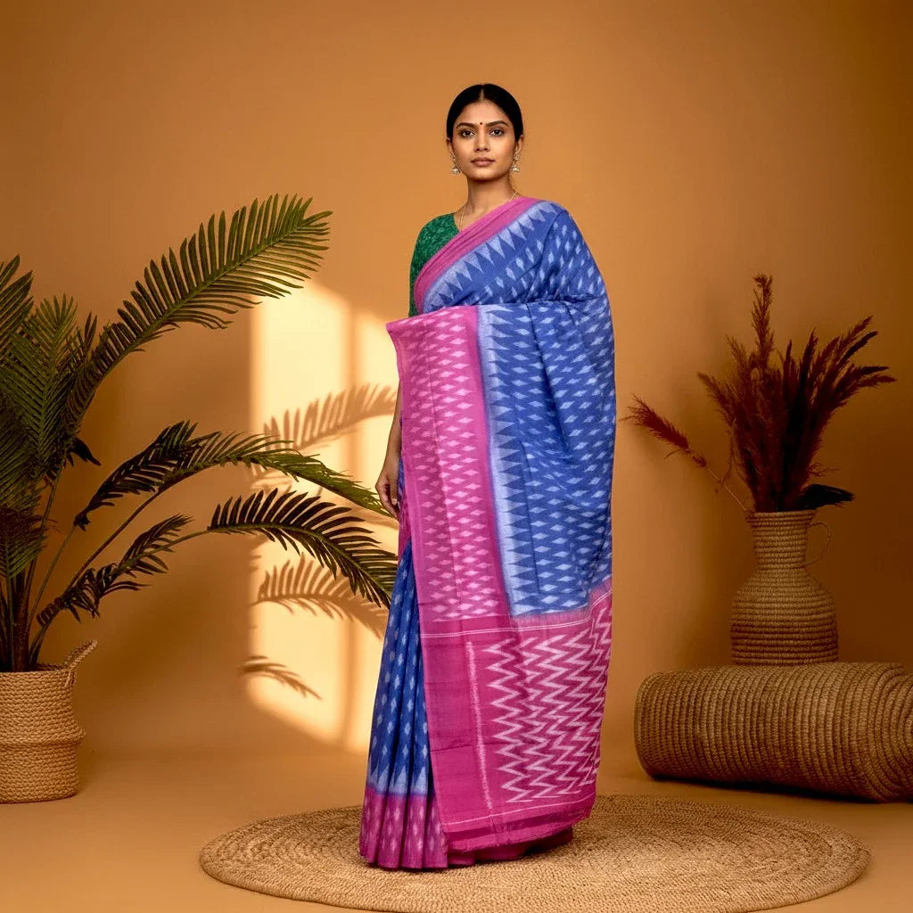 POCHAMPALLY IKKAT COTTON BLUE PINK - pochampallysarees.com