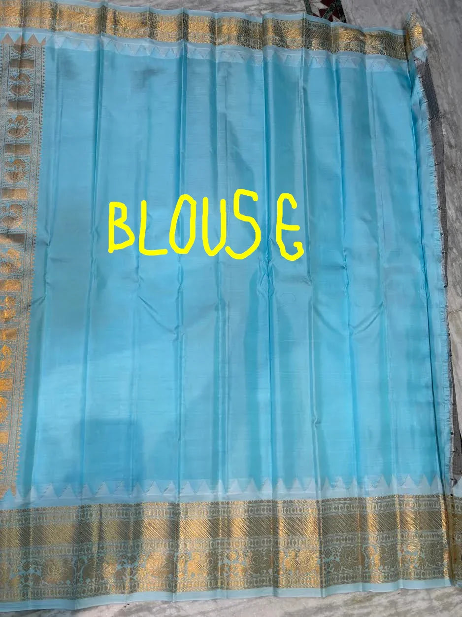 Pure Gadwal Silk Saree in Purple & Sky Blue | Gold Zari Checks & Traditional Temple Border | Festive & Wedding Wear - pochampallysarees.com