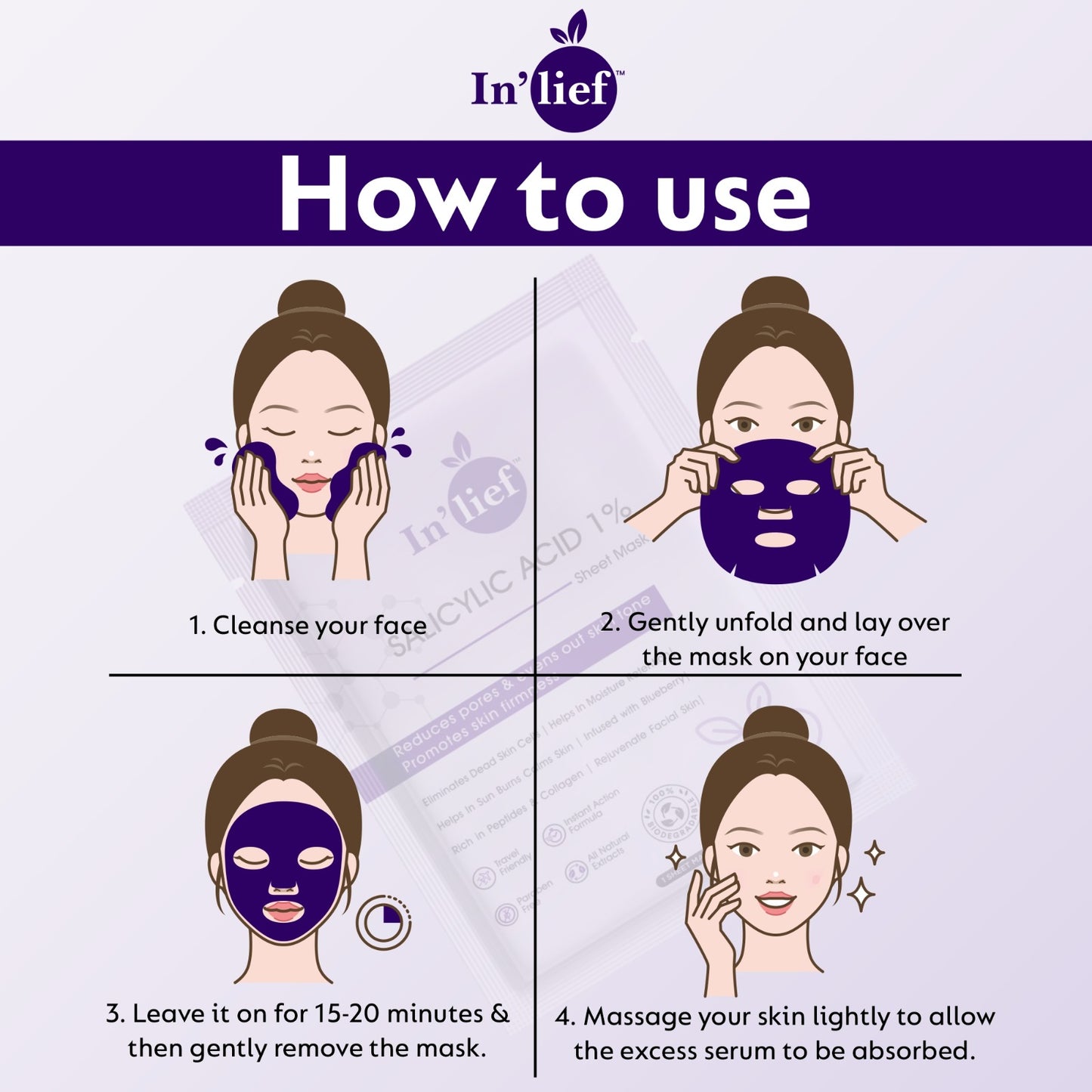 In'Lief Sheet Mask Pack of 4 - 25ml | Vitamic C | Hyaluronic Acid | Niacinamide | Salicylic Acid | Rich in Peptides & Collagen