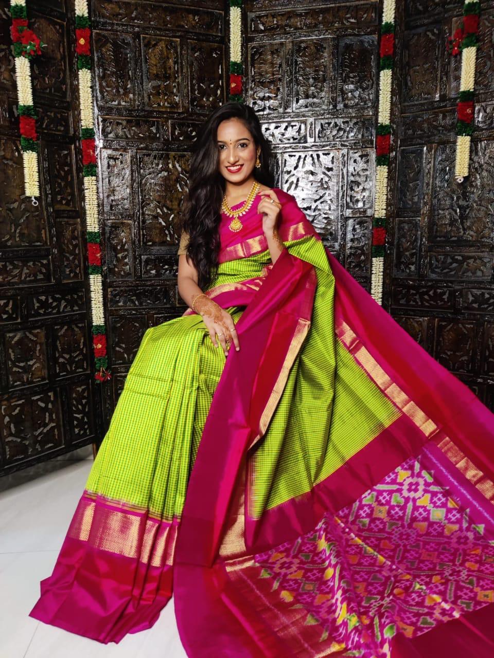 Pure Pochampally Ikkat Silk Green Checks Sari - pochampallysarees.com