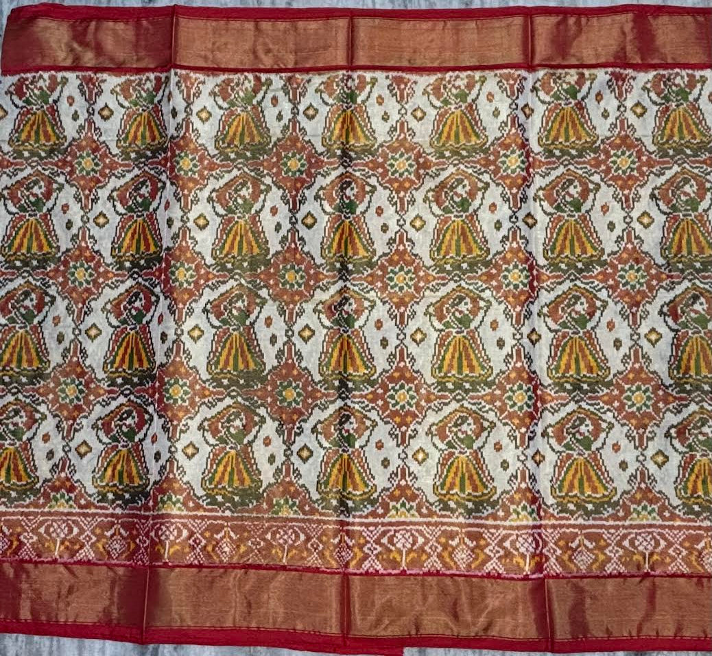 Pure Pochampally Ikkat Silk White Red Saree