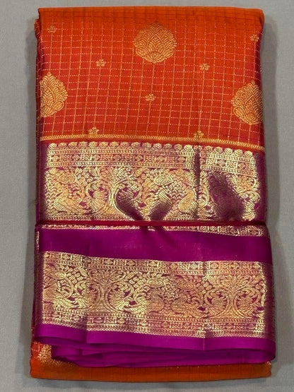 Vibrant Orange Pure Kanchipuram Pattu Saree with gold zari border Magenta Gold Zari Border | Traditional Wedding Silk - pochampallysarees.com