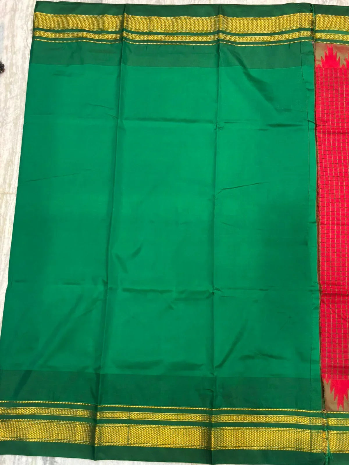 Authentic Red & Green Pure Gadwal Silk Saree with Temple Border - pochampallysarees.com