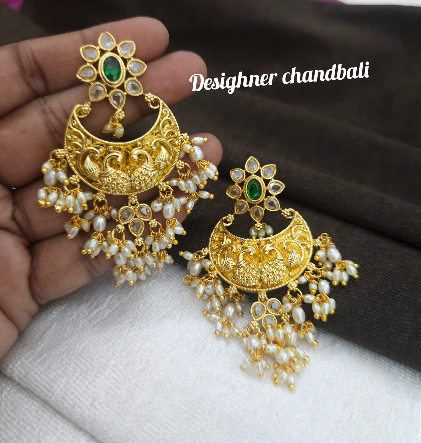 Desighner chandbali hangings customized with rice pearls guttapusalu