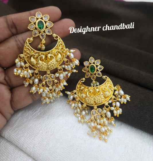 Desighner chandbali hangings customized with rice pearls guttapusalu