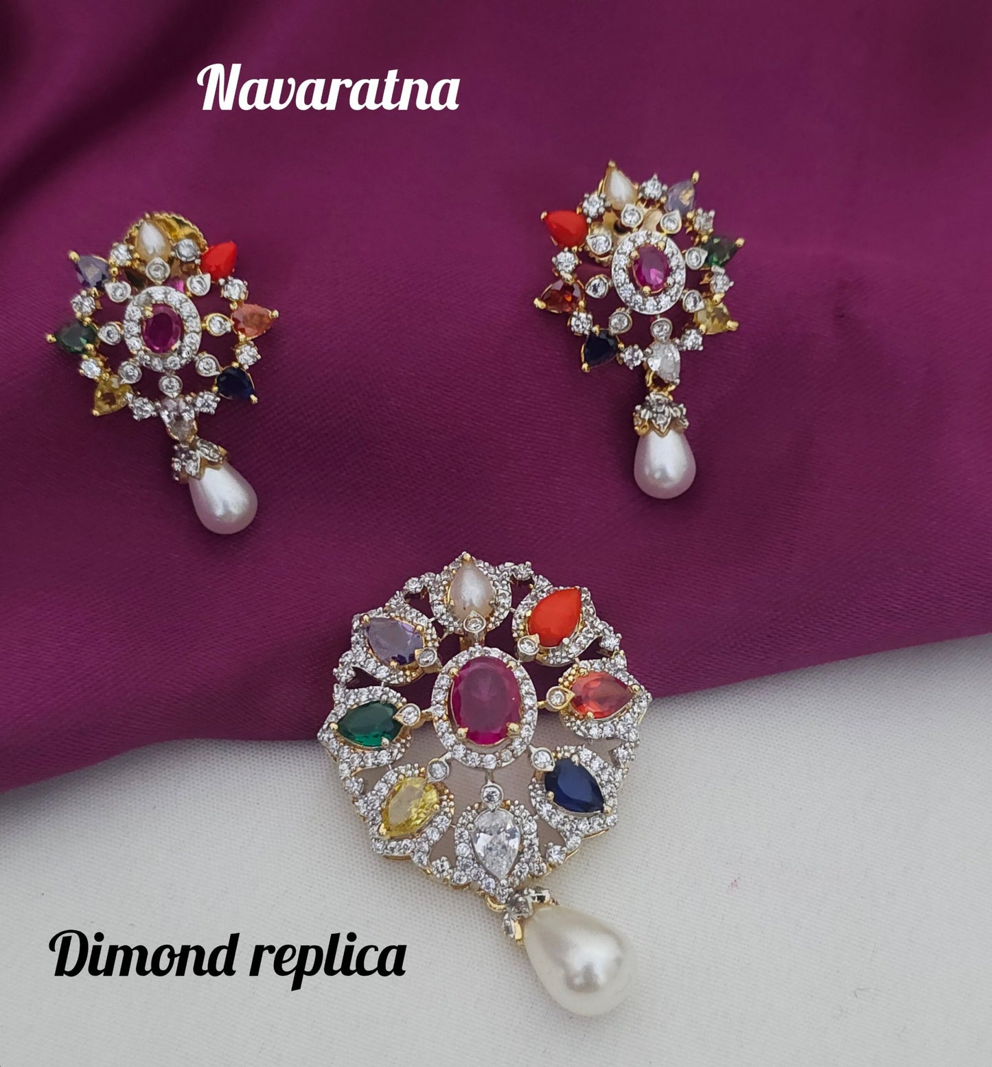 Dimond replica pendant set navaratna stones