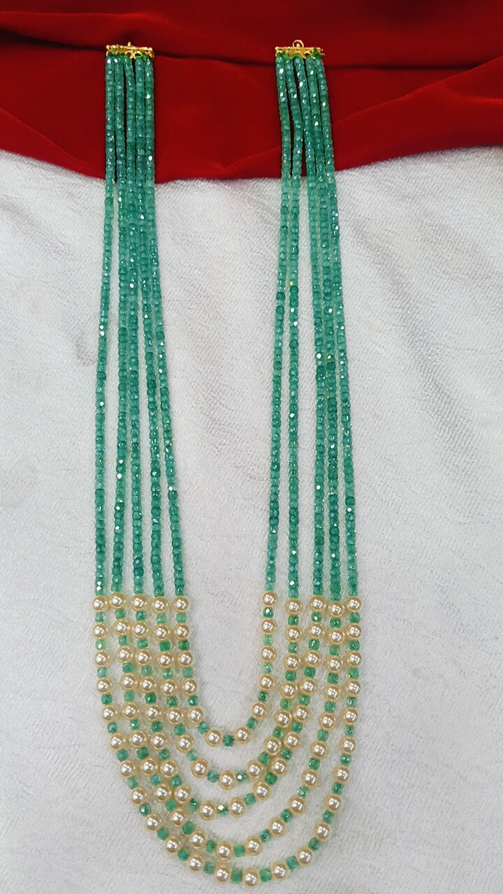 Real Beads with Swarovski pearls 5 Lines Handmade Green