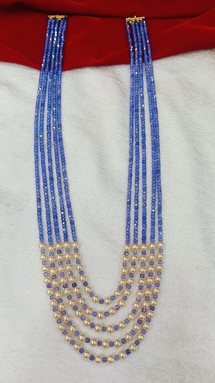 Real Beads with Swarovski pearls 5 Lines Handmade Blue