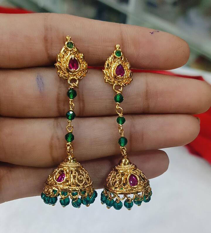 String Earrings with Green Beads