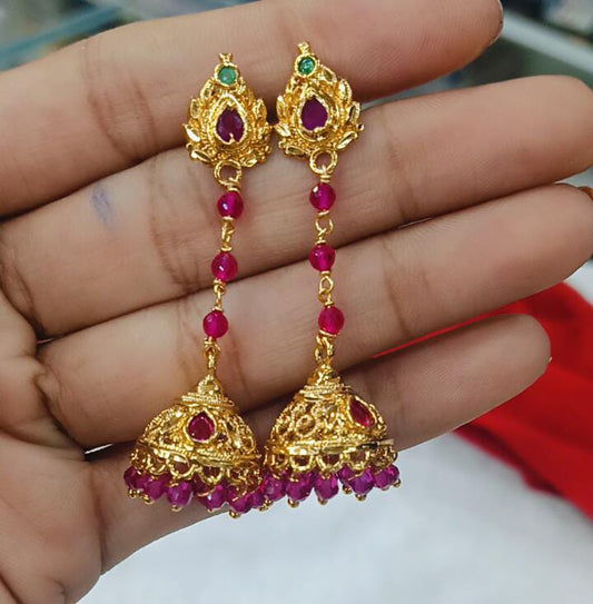 String Earrings with Red Beads