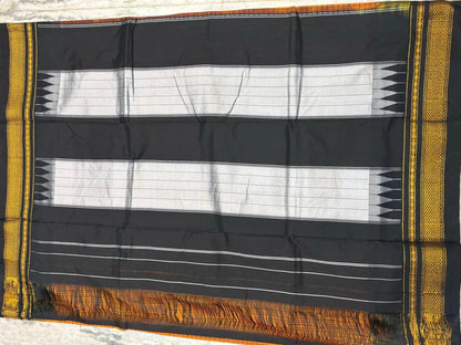 Teal Blue & Black Pure Gadwal Silk Saree with Temple Border - pochampallysarees.com