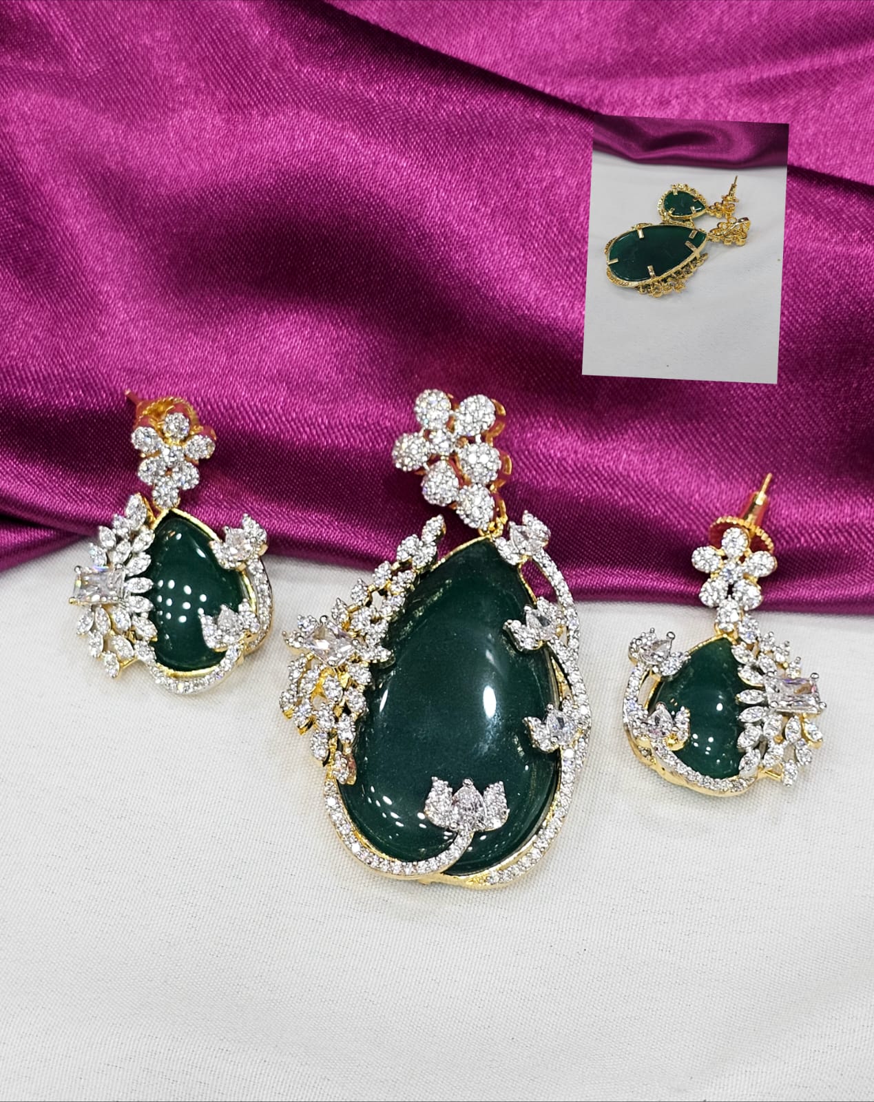 Diamond replica pendant with  green colour eartops just 1699