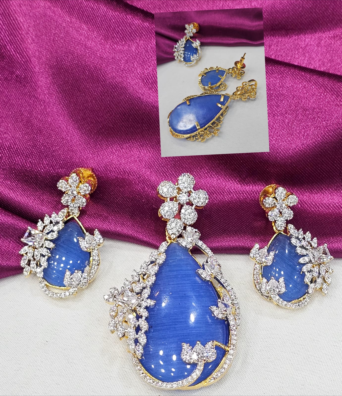 Diamond replica pendant with blue colour eartops just 1699