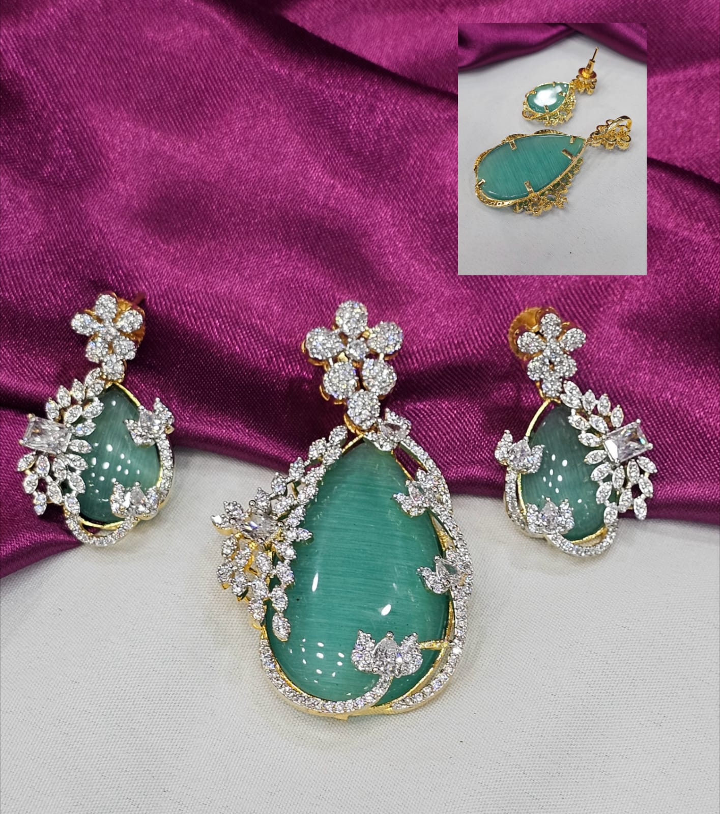 Diamond replica pendant with pastral green colour eartops just 1699