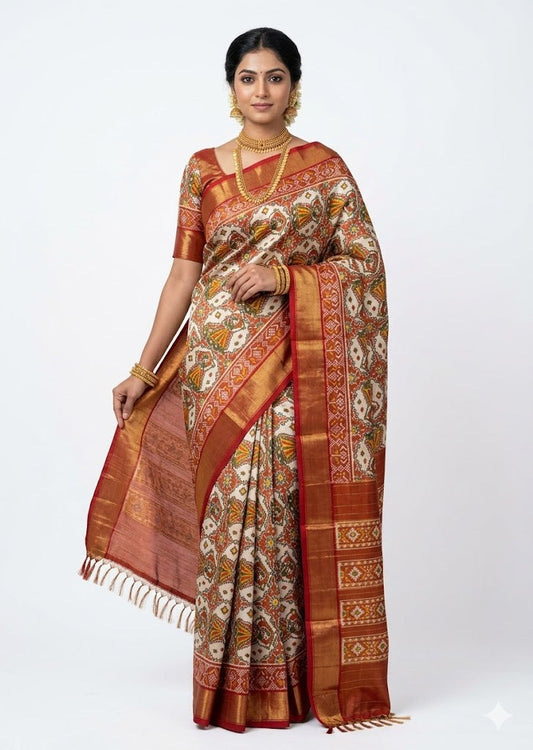 Pure Pochampally Ikkat Silk White Red Saree