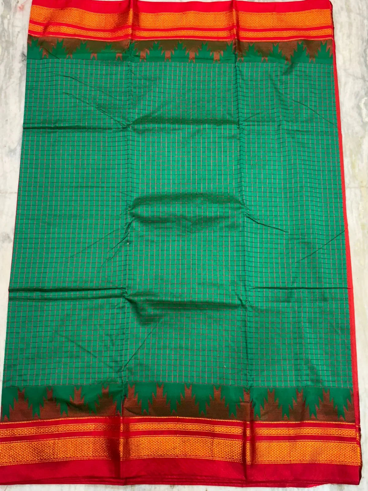Authentic Pure Gadwal Silk Saree – Green with Red Temple Border & Zari Checks - pochampallysarees.com