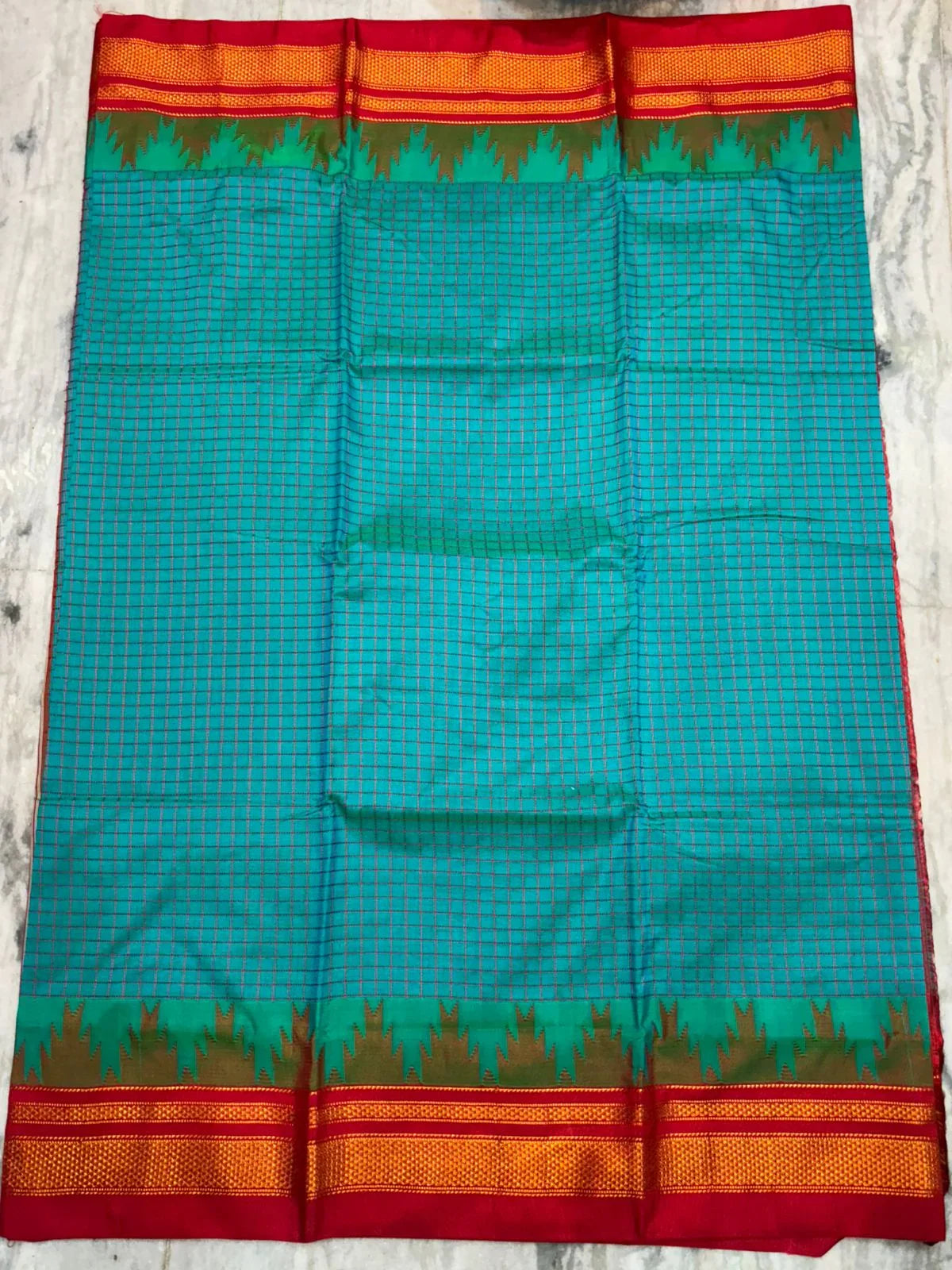 Authentic Pure Gadwal Silk Saree in Teal Green & Red with Zari Temple Border - pochampallysarees.com