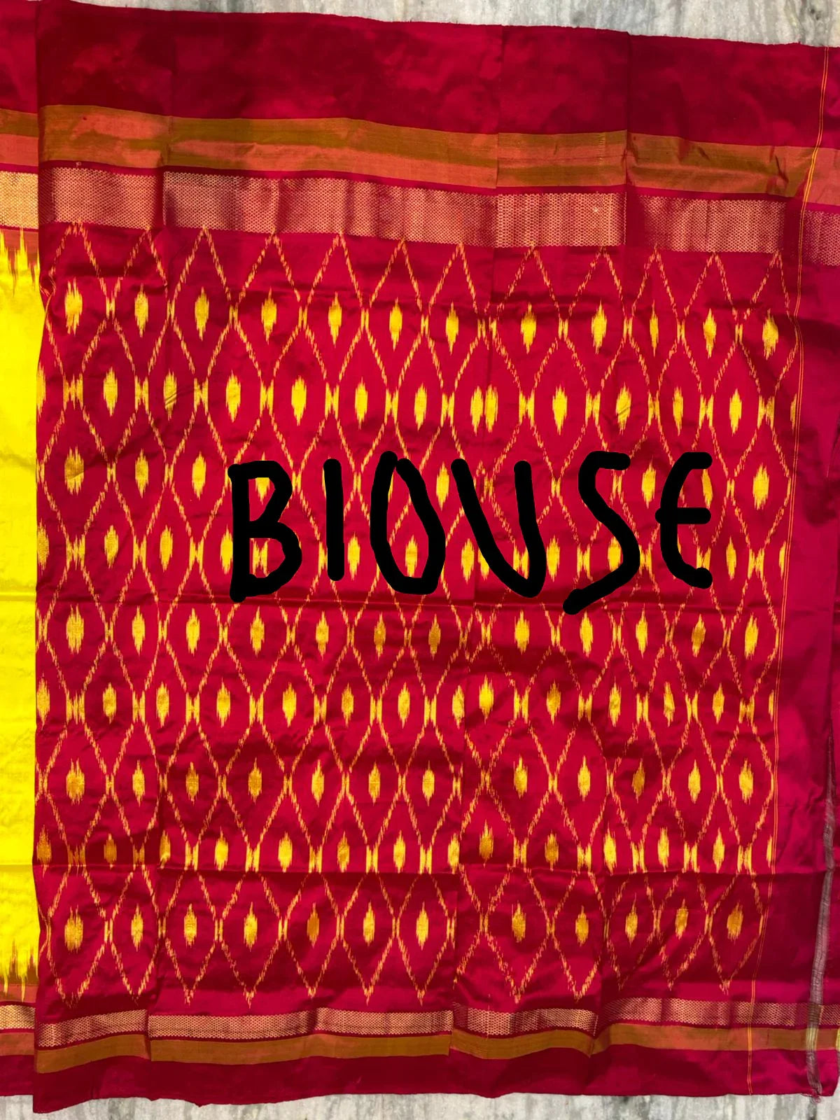 Yellow & Maroon Pure Ikkat Silk Saree with Traditional Temple Border | Zari Pallu - pochampallysarees.com