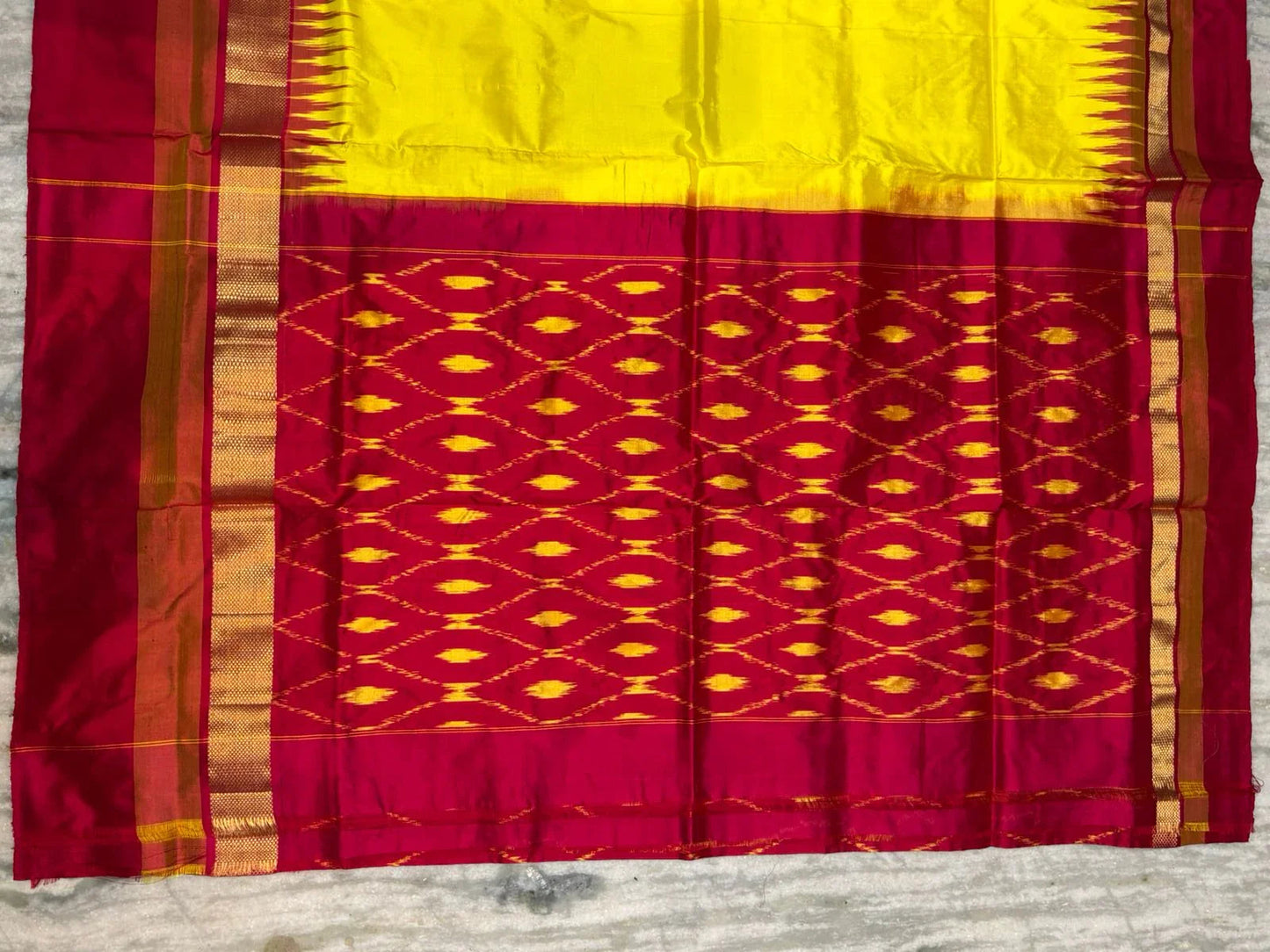Yellow & Maroon Pure Ikkat Silk Saree with Traditional Temple Border | Zari Pallu - pochampallysarees.com
