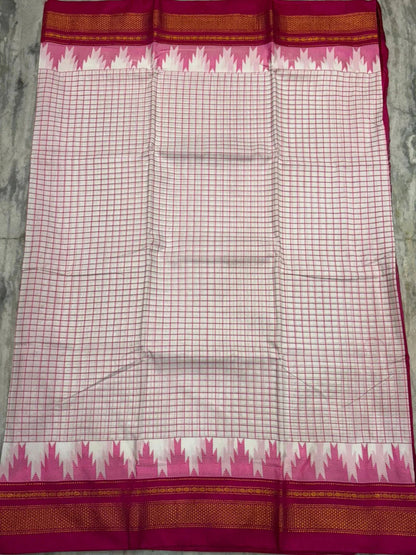 Traditional White & Pink Pure Gadwal Silk Saree with Zari Border - pochampallysarees.com