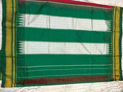 Pure Gadwal Silk Saree - Cream Checkered Body with Green Temple Border & Rich Zari Pallu - pochampallysarees.com