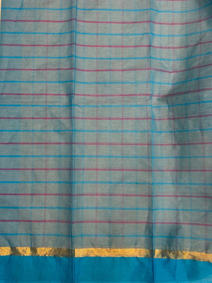 MANGALAGIRI COTTONS BODY GRAY BLUE CHECKS DESIGNER BORDER ZARI PALLU AND BLOUSE RUNNING - pochampallysarees.com