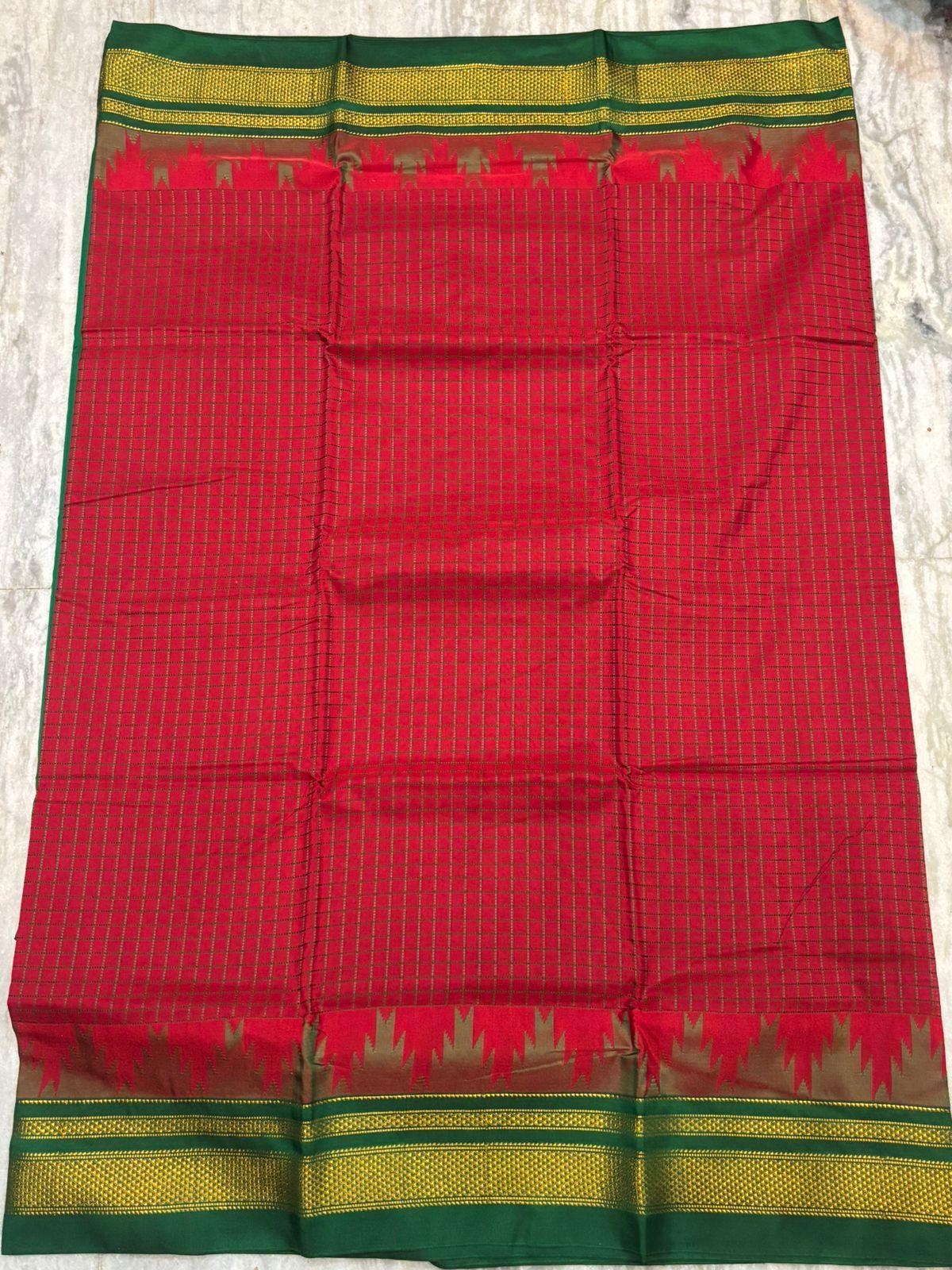 Authentic Red & Green Pure Gadwal Silk Saree with Temple Border - pochampallysarees.com