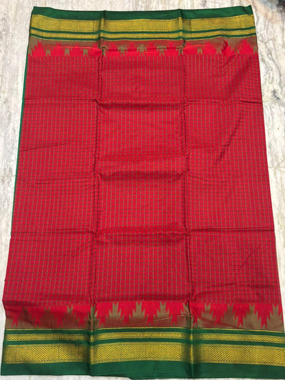Authentic Red & Green Pure Gadwal Silk Saree with Temple Border - pochampallysarees.com