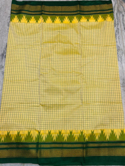 Pure Gadwal Silk Saree - Cream Checkered Body with Green Temple Border & Rich Zari Pallu - pochampallysarees.com