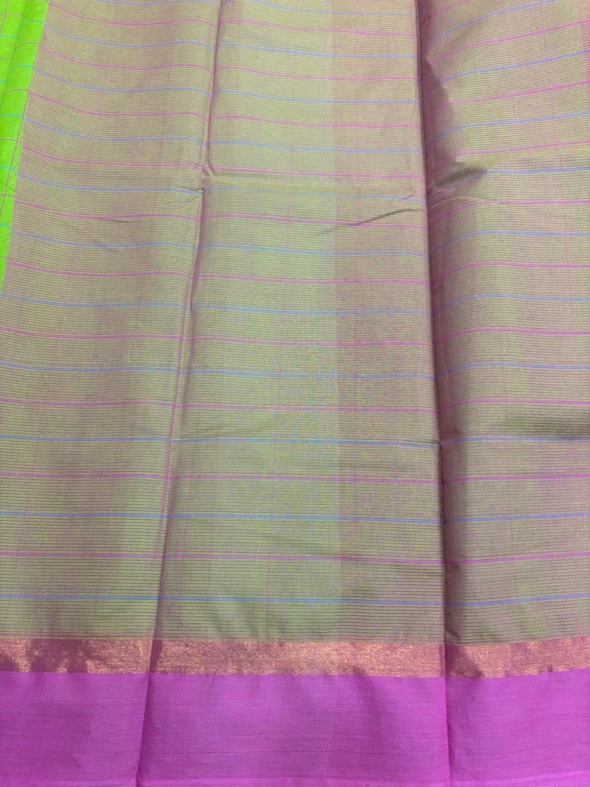 MANGALAGIRI COTTONS BODY PARROT GREEN CHECKS DESIGNER BORDER ZARI PALLU AND BLOUSE RUNNING - pochampallysarees.com