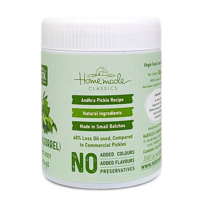 Nature’s Trunk gongura pickle jar with homemade classics label and Andhra recipe, best gongura pickle online