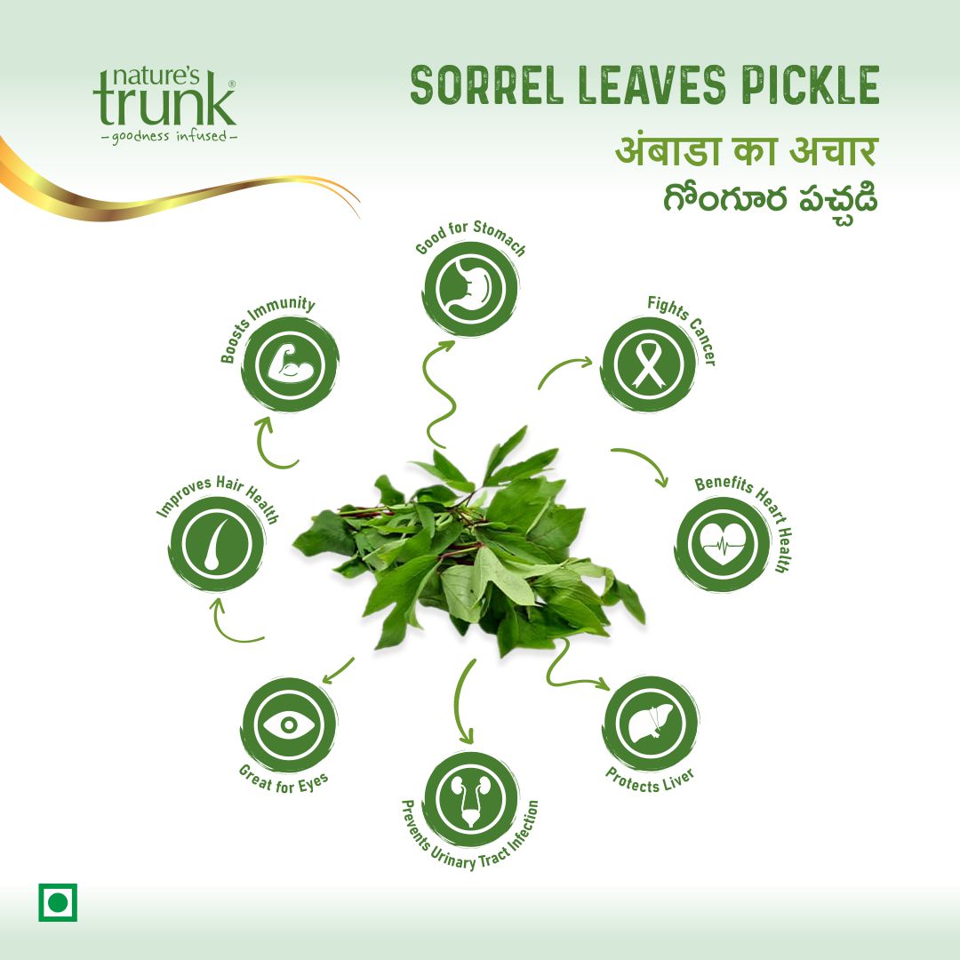 Sorrel leaves pickle benefits showing fresh gongura leaves and health icons, best gongura pickle online