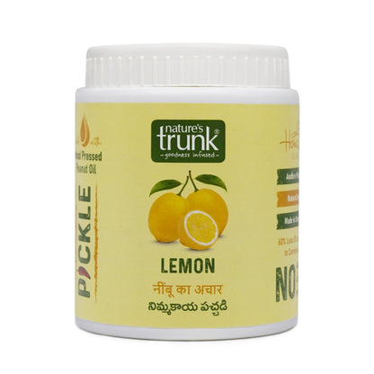 Nature’s Trunk premium lemon pickle jar close-up showing rich tangy texture – best lemon pickle for meals and snacks