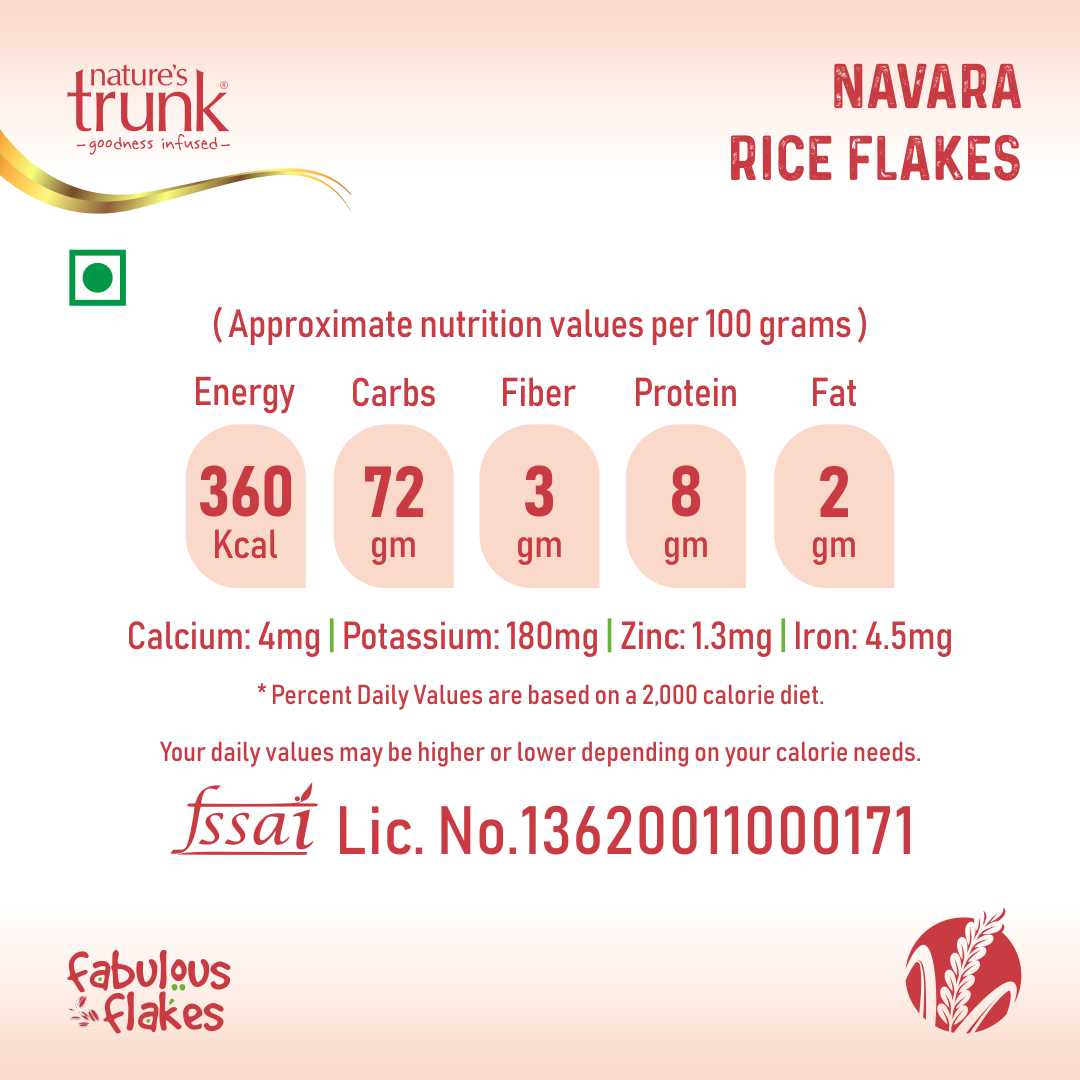 Navara Red Rice Flakes 600g nutrition label showing calories, fiber and protein – best navara millet flakes online