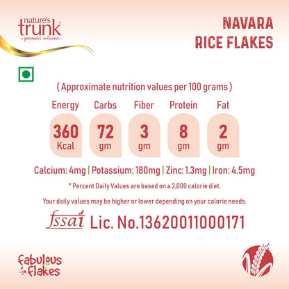 Navara Red Rice Flakes 600g nutrition label showing calories, fiber and protein – best navara millet flakes online
