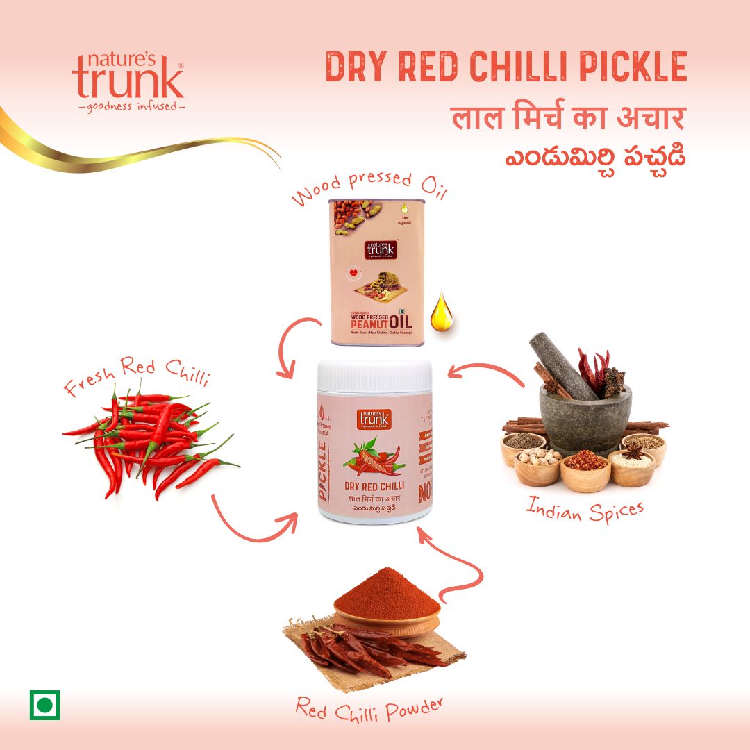 Dry red chillies pickle made with fresh red chillies, wood pressed oil and Indian spices, best red chillies pickle online
