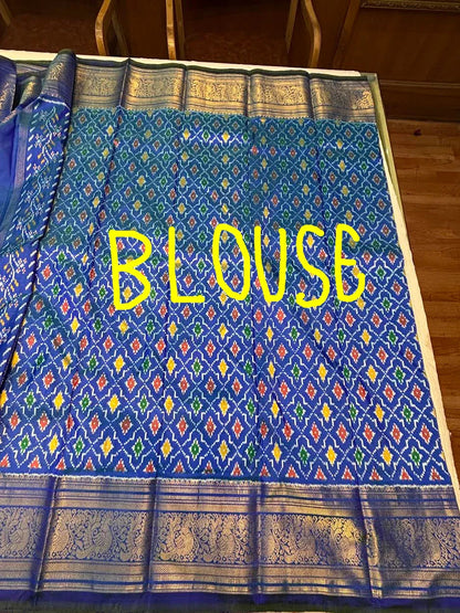 Royal Blue Pochampally Ikat Kanchi Silk Saree with Rich Gold Zari Border & Grand Pallu | Traditional Wedding Pattu Saree - pochampallysarees.com