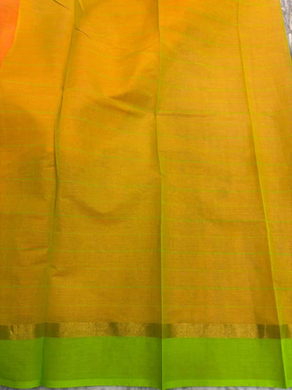 MANGALAGIRI COTTONS BODY ORANGE CHECKS DESIGNER BORDER ZARI PALLU AND BLOUSE RUNNING - pochampallysarees.com