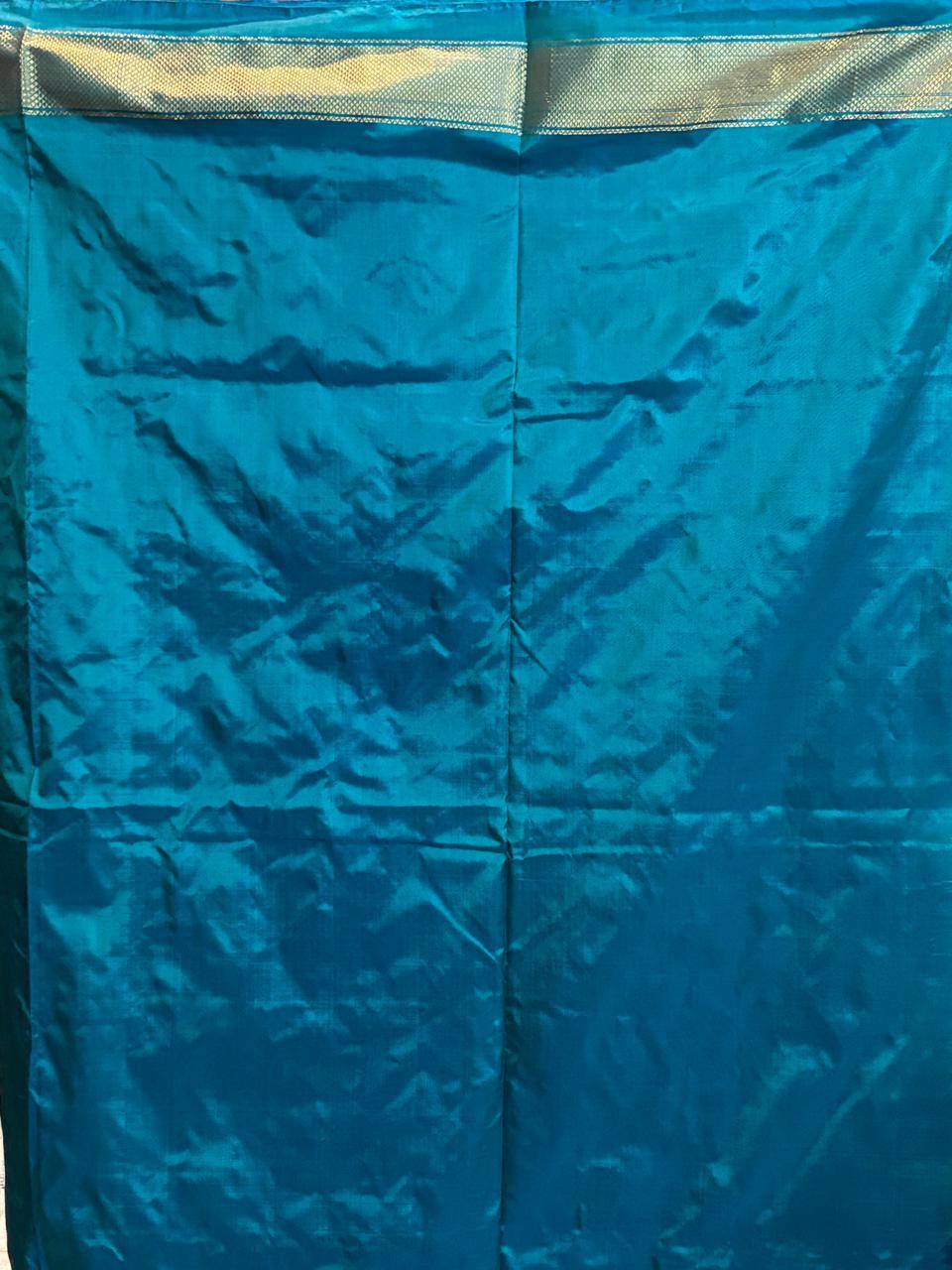 POCHAMPALLY IKKAT SILK PATOLA MIDDLE BLUE BORDER AND PALLU ANANDA BLUE ZARI BORDER PLAIN DESIGN SAREE - pochampallysarees.com