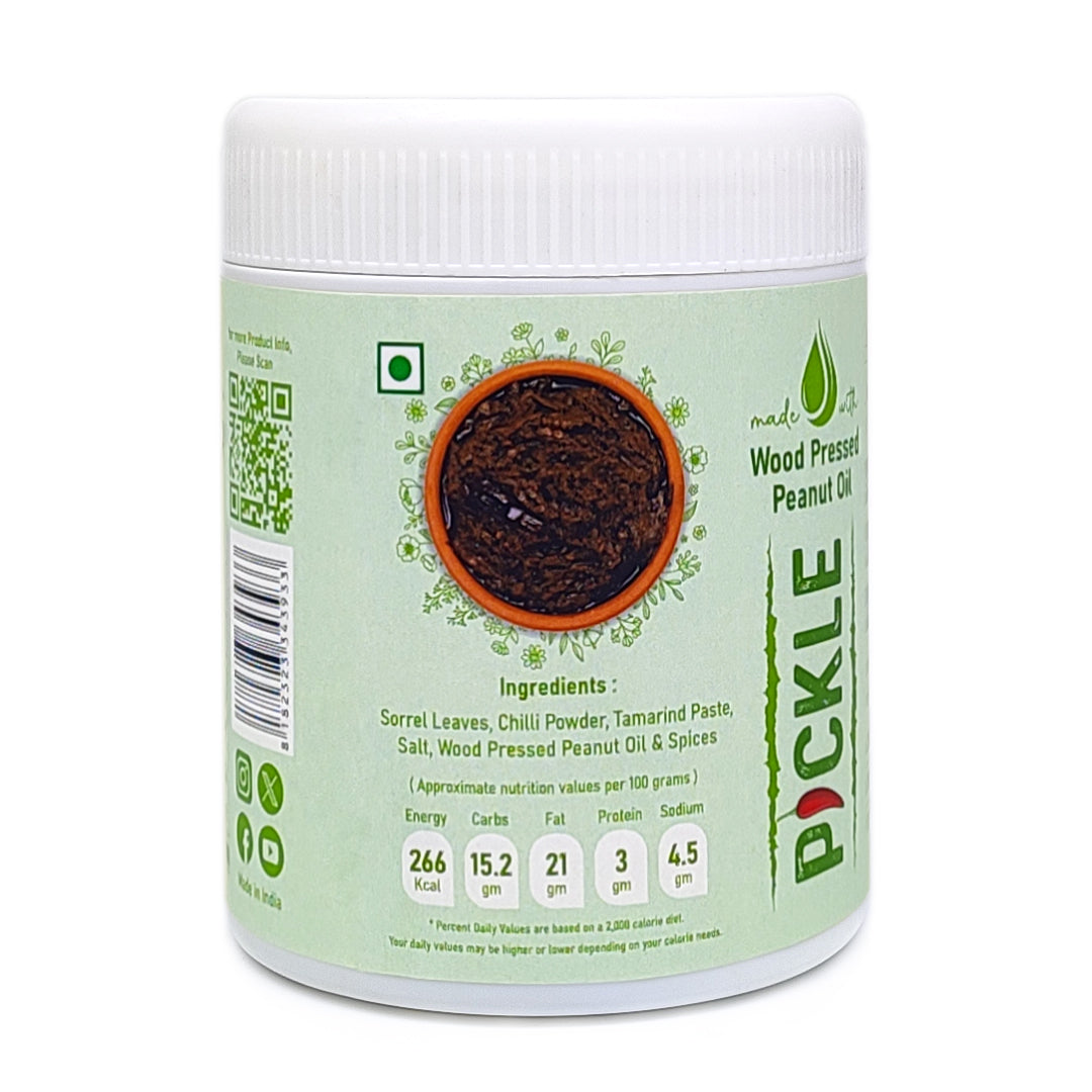 Raw tamarind pickle nutrition label with ingredients and values, chintakaya pickle, buy chintakaya pickle online