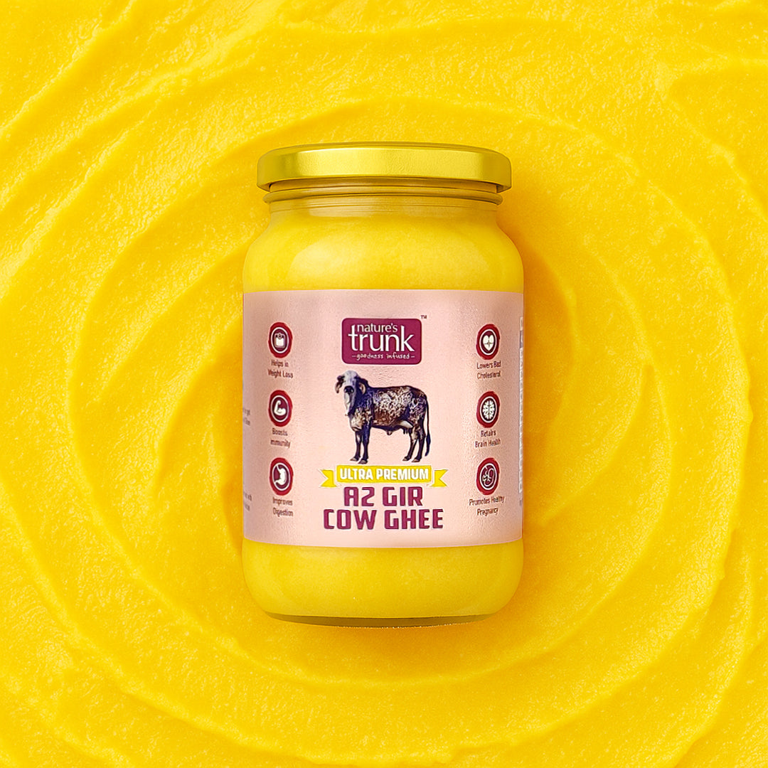 Organic cow ghee in premium packaging, showcasing pure traditional cow ghee ideal for healthy cooking and daily use