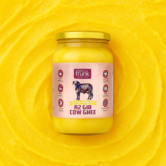 Organic cow ghee in premium packaging, showcasing pure traditional cow ghee ideal for healthy cooking and daily use